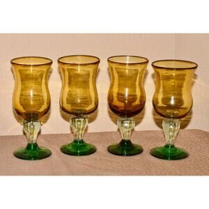 4 – Cocktail Goblets Made in Mexico Hand Blown Amber Glass Barware, Stemware